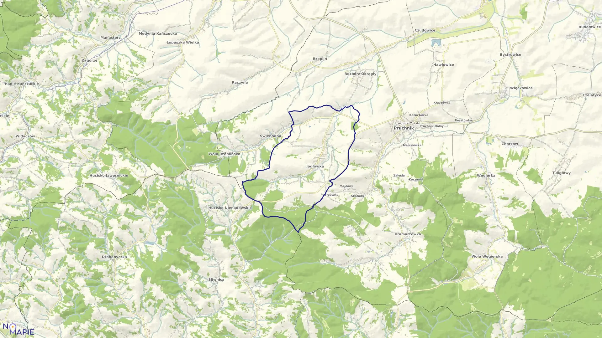 Mapa obrębu Jodłówka w gminie Pruchnik