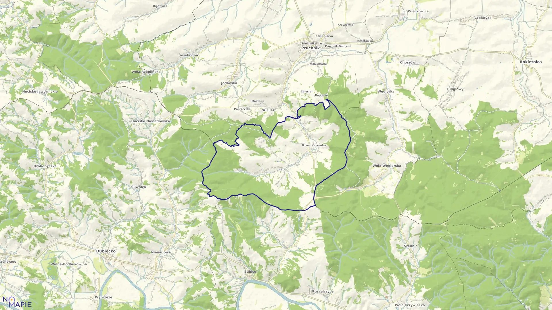 Mapa obrębu Kramarzówka w gminie Pruchnik